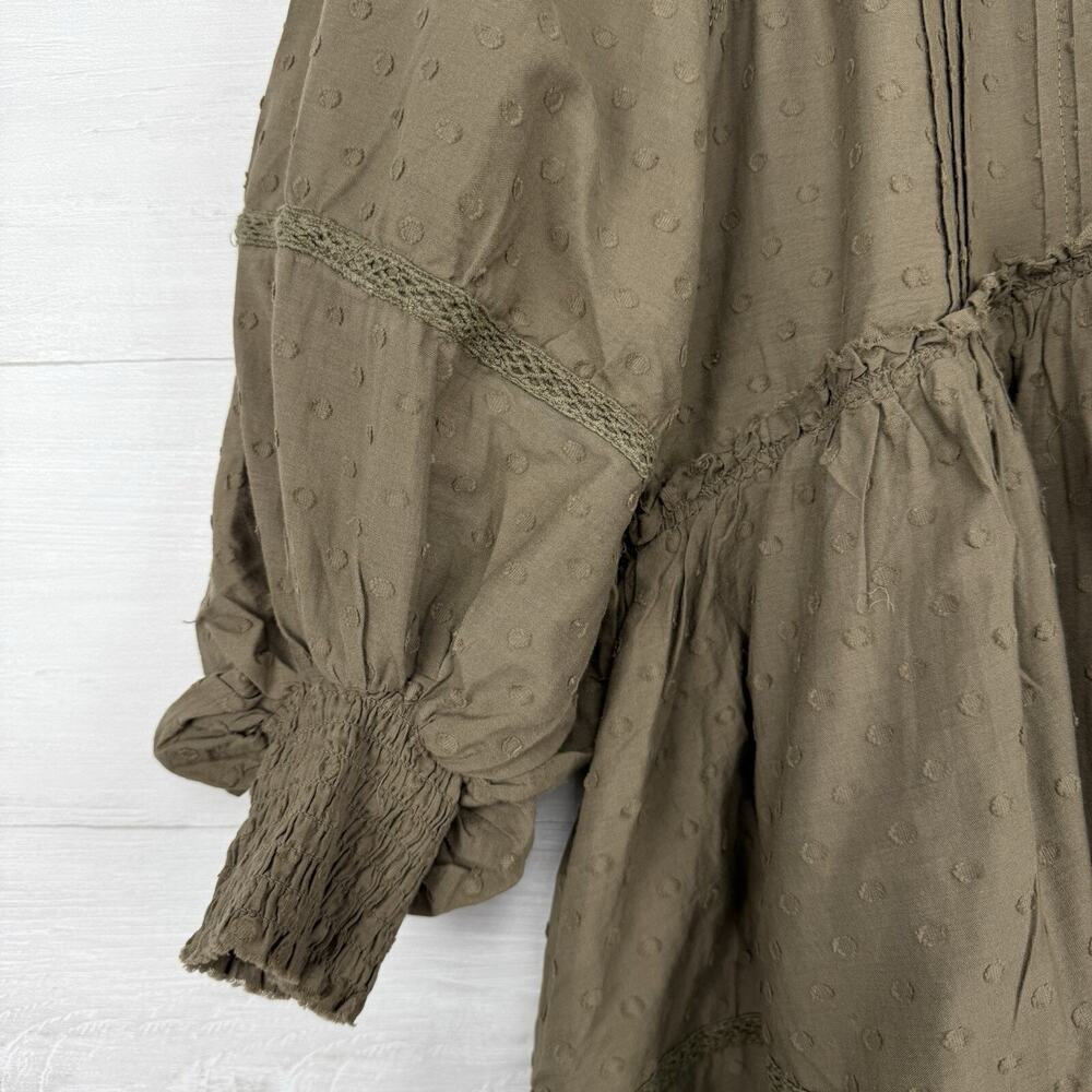 Anthropologie Babydoll Dress Large Balloon Sleeves Swiss Dot‎ Green Boho Cottage - Picture 6 of 16